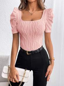 SHEIN Privé Textured Square Neck Short Sleeve Casual T-Shirt - Baby Pink - View 4