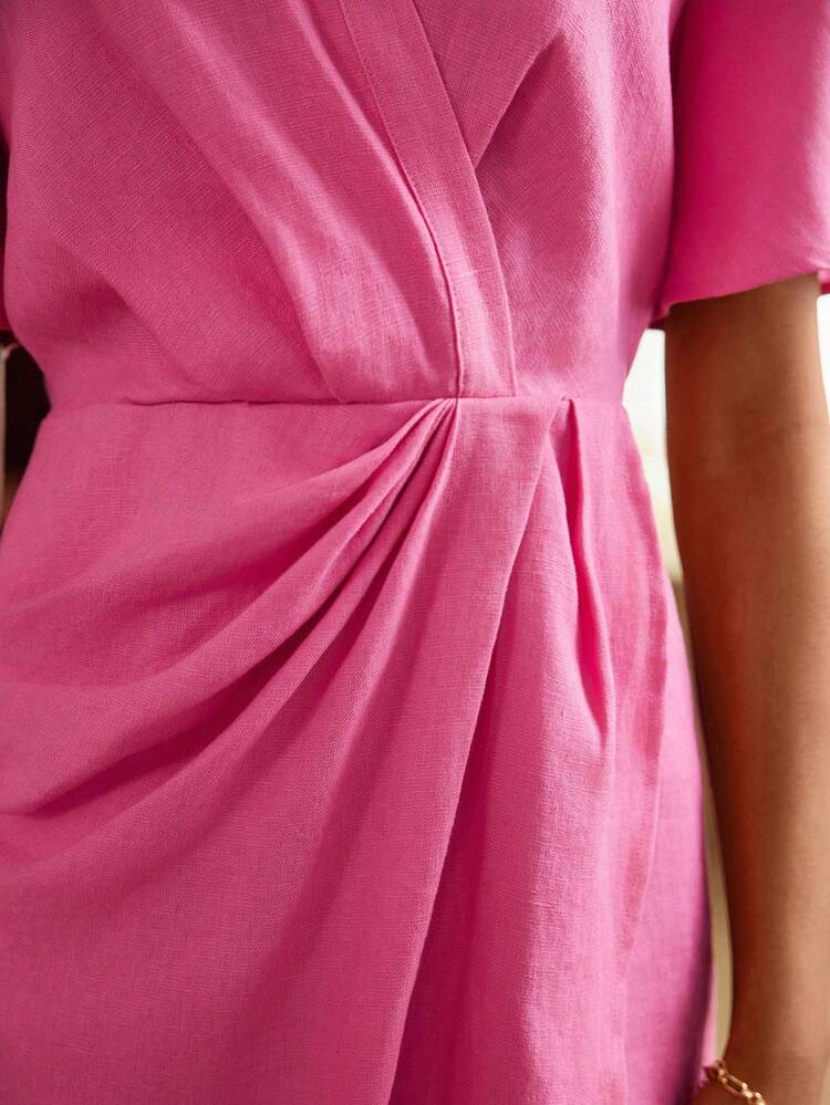 PURE LINEN LINEN SURPLICE V-COLLAR WRAP RUCHED DRESS