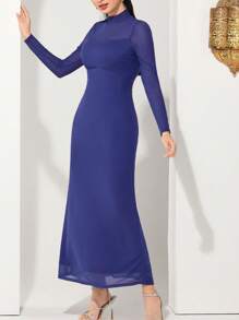 Modelyn Vestido De Manga Larga Para Mujer Con Cuello Alto Y Detalles De Malla - Azul - Ver 4