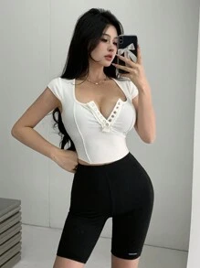 DAZY 女士纯色及膝夏季打底裤 - 黑色 - 查看 2