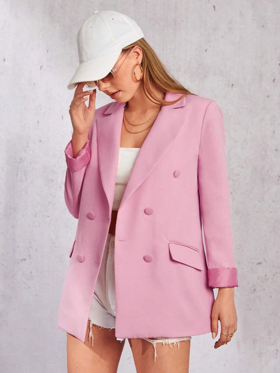 EURMUSE Double Breasted Flap Detail Blazer - Baby Pink - View 1