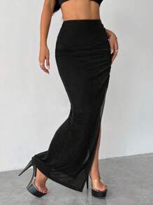 SHEIN ICON Women's Solid Color Ruched High Slit Long Skirt - Black - View 4