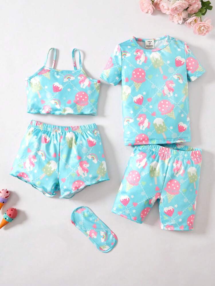 Young Girls' New Simple Style Ice Cream Rainbow Unicorn Print Cami Shorts Set With Crew Neck Short Sleeve Top, 2pcs, Home Suit