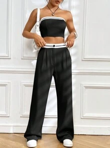 SHEIN EZwear Women's Fashionable Color Blocking Strapless Top And Long Pants Two Pieces Set - Black - View 2