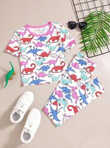 SHEIN Bộ đồ mặc nhà dệt kim tay ngắn cổ tròn in họa tiết khủng long cho bé gái tuổi mới lớn - Màu xanh nhạt - Xem 7