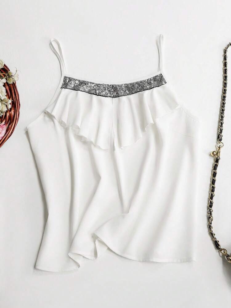 Plus Size Sequin Splicing Frilled Hem Decorated Cami Top And Solid Color Shorts