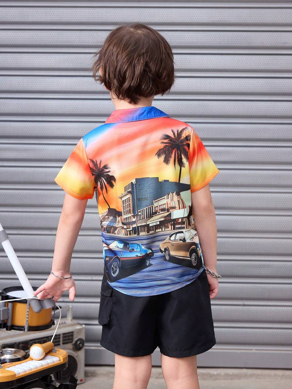 Young Boys' Comfortable Vacation Style Printed Button-Down Short-Sleeve Shirt For Summer