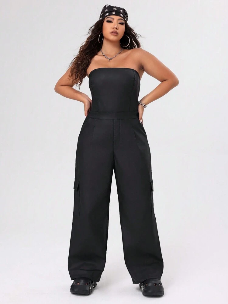 Plus Size Solid Color Straight Leg Tube Jumpsuit With Diagonal Pocket