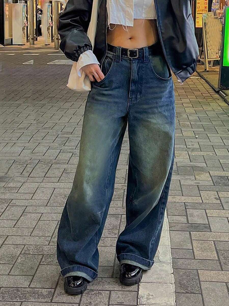 Washed Wide Leg Jeans Without Belt - Blue - View 1