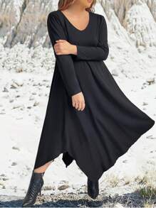 SHEIN LUNE Plus Size Women's Asymmetrical Hem Long Sleeve Dress - Black - View 1