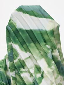 BizChic Vestido de mujer con estampado de teñido anudado verde y blanco, corte halter, plisado, con cinturón, para verano