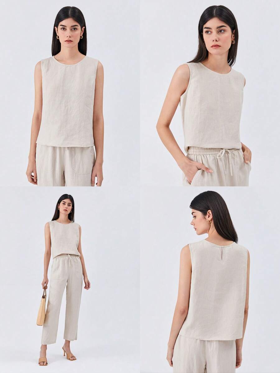 MOTF PREMIUM Áo sơ mi nữ Nút màu trơn Giải trí - Màu be - Xem 1