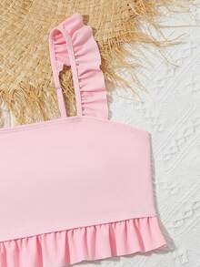 Conjunto de bikini de unicolor en la parte superior y estampado de plantas en la Bottom para niña preadolescente, verano playa - Multicolor - Ver 3