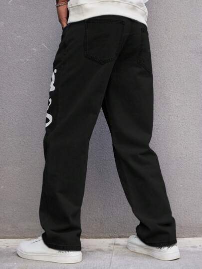 Jeans en coton pour hommes à coupe ample avec graphiques de lettres et jambe droite