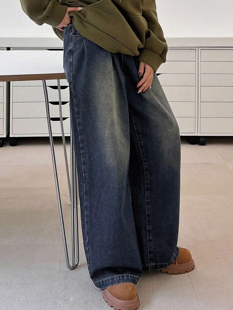 Washed Casual Style Wide Leg Denim Pants,Baggy Jeans Fall,Winter