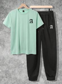 Manfinity Homme Men's Letter Printed Short Sleeve T-Shirt And Sweatpants Two Pieces Set - Mint Green - View 3