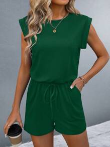 SHEIN LUNE Women's Solid Color Sleeveless Jumpsuit With Simple Style - Dark Green - View 6