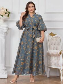 Modelyn Plus Size Women's Floral Embroidery Lantern Sleeve Long Dress Maxi Women Outfit Long Evening Dresses