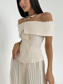 Aloruh 优雅露肩领收腰衬衫和百褶裙 2 件套，适合通勤 - 杏色 - 查看 4