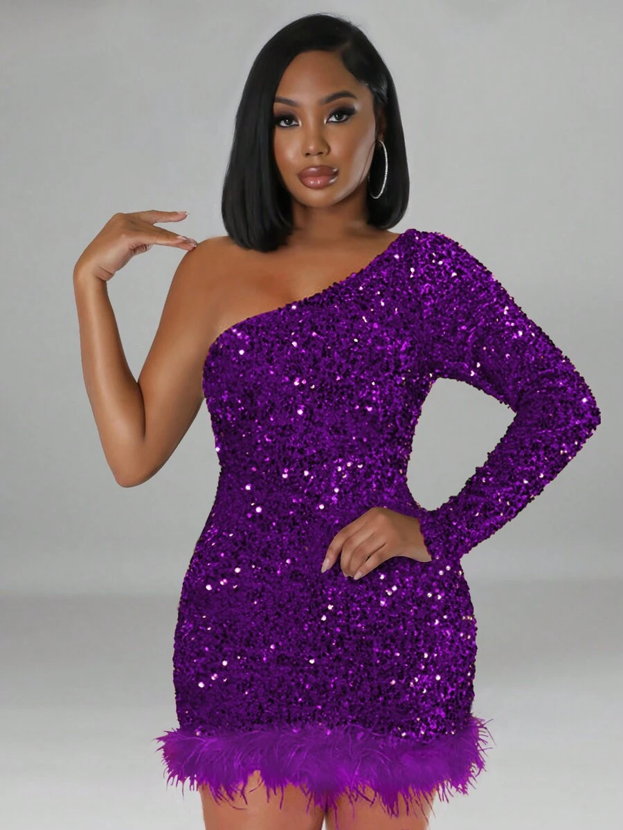 Vestido mini ajustado de mujer elegante con lentejuelas, con adorno de plumas falsas en un hombro, manga larga, vestido de fiesta formal, vestido de bola para mujeres, disfraz de Halloween, ropa de mujer para Navidad, ropa de mujer para Año Nuevo - Morado - Ver 1
