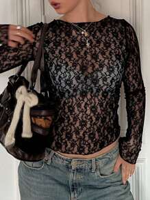 女士花卉蕾丝性感修身长袖上衣春夏派对俱乐部度假休闲街头 Y2K 服装