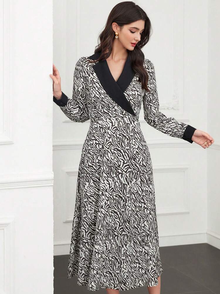 Women's Printed Patchwork Contrast Color Lapel Dress Long Evening Dresses