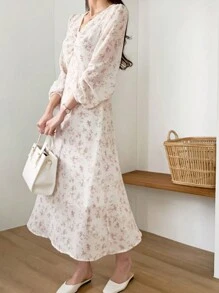 DAZY Women's Elegant Ditsy Floral Belted Pleated Dress,Ruffle,Fall Dress