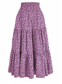 Women's Ditsy Floral Layered Ruffle Elastic Waist Vacation Skirt Spring - Purple - View 2