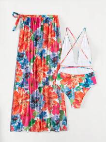SHEIN Swim Summer Floral Print One Piece Swimsuit With Beach Skirt - Multicolor - View 8