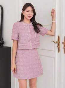 DAZY Ensemble de veste à manches courtes à col rond en fourrure et jupe mini à taille haute avec poches sur les hanches pour femmes, ensemble deux pièces pour femmes