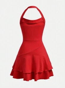 SHEIN 少女針織排褶腰帶多層連衣裙，休閒無袖綁頸裙