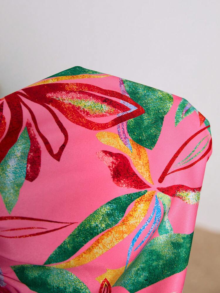 Plus Size Tropical Plant Printed High Slit Vacation Spaghetti Strap Dress