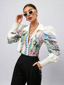 SHEIN Privé Camisa de manga larga con botones y estampado de pintura, camisa con botones para mujer, blusas de manga larga de otoño para mujer - Multicolor - Ver 5