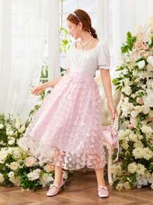 Teen Girl Bowknot Decorated Short Bubble Sleeve Top And Butterfly Applique Mesh Skirt 2pcs/Set - Multicolor - View 6