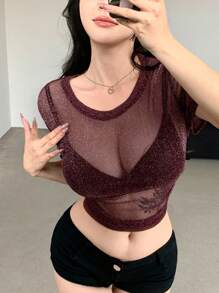 DAZY 女式透視金屬閃亮短上衣,緊身剪裁 - 中紫紅色 - 查看 6
