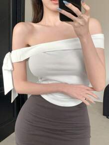 DAZY Women's Solid Color Off Shoulder Slim Fit Top