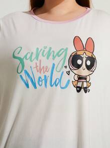 SHEIN Earth Day Fanverse Picks Plus Cartoon And Letter Graphic Ringer Tee - White - View 4