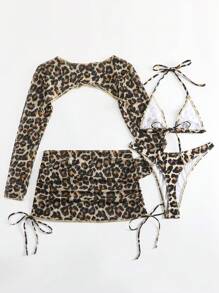 Swim SXY 2pcs Women Leopard Print Bikini Set, Random Print Summer