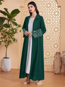 Al Najma 女士纯色翻领长阿拉伯长袍，穆斯林时尚长袍，适合休闲/节日/聚会/旅行 - 墨綠色 - 查看 7