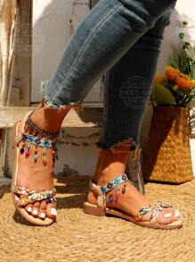 Bohemian Style Beaded Flat Sandals Suitable For Outside Wearing Valentines,Beach Outfits,Summer Outfits - Beige - View 6