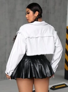 SHEIN EZwear 大尺碼純色鈕扣前洋裝夾克,帶磨邊設計 - 白色 - 查看 2