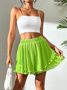 SHEIN Privé Women's Summer A-Line High Waist Pleated Mini Skort With Layered Hem And Wide Legs - Green - View 5