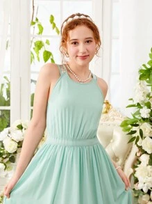 Abito pieghevole e a fascia con paillettes verdi salvia per ragazze adolescenti, adatto per fioriste e damigelle d"onore - Verde - Visualizzare 3