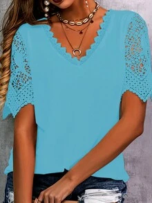 Plus Size Lace Insert T-Shirt - Blue - View 3