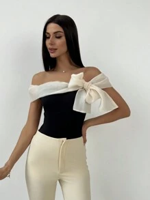 Firerie 女士黑白對比色蝴蝶結裝飾露肩連體衣 - 黑色 - 查看 3