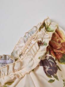 SHEIN Unity Floral Print Frill Trim Decor Band Collar Shirt With Puff Sleeves - Apricot - View 3