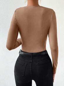 Chiquease Women's Simple Fold Design Long Sleeve Bodysuit Fall Cloth For Women - Brown - View 2