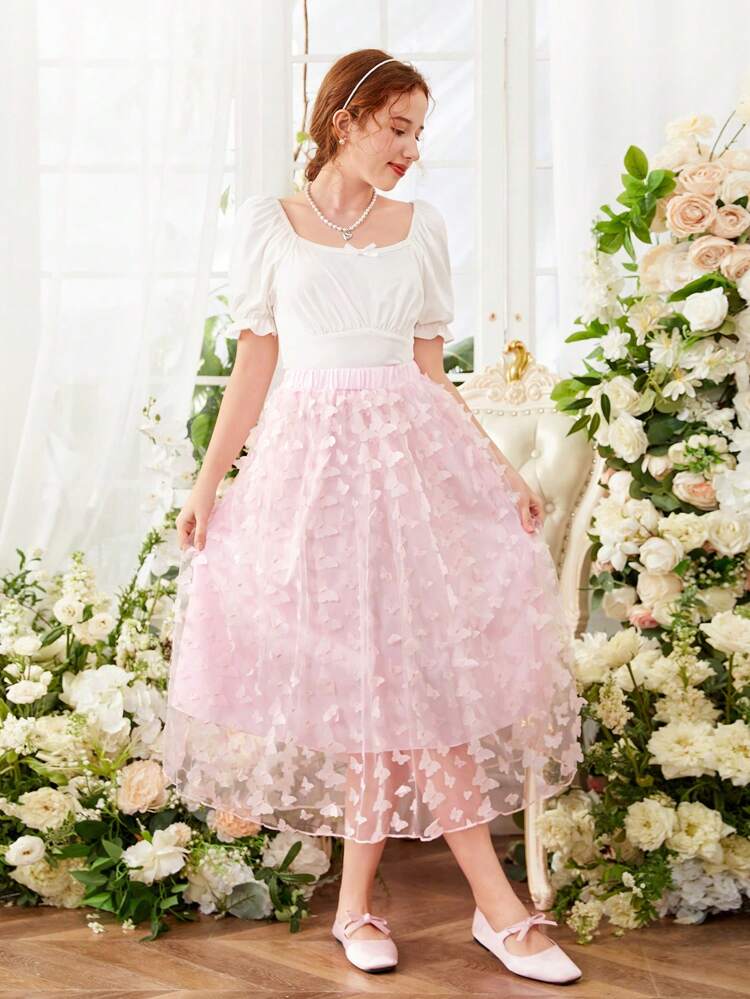 Teen Girl Bowknot Decorated Short Bubble Sleeve Top And Butterfly Applique Mesh Skirt 2pcs/Set