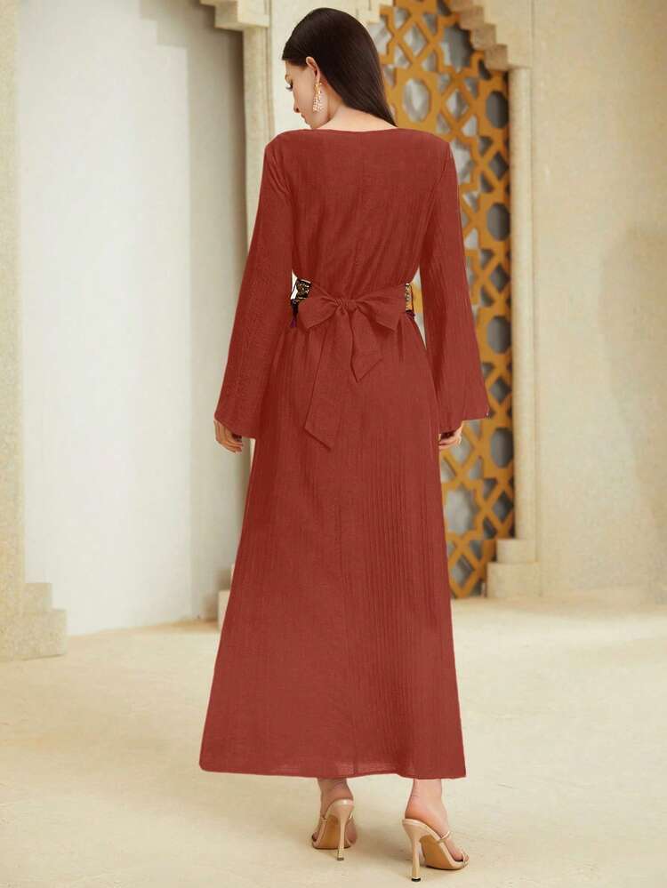 Women's Fringed Long Sleeve Arabian Dress With Waist Patchwork