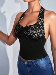 SHEIN BAE 性感蕾絲拼接領口露背緊身短上衣,適用於約會、俱樂部、假期、音樂節 - 黑色 - 查看 5